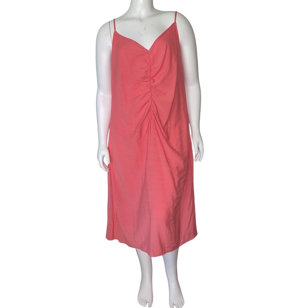 Nine West Womens XXL Coral Pink Ruched Midi Slip Dress Adjustable Straps Rayon